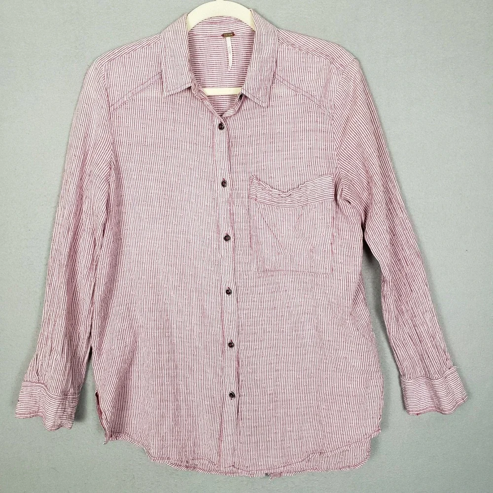 Free People Size XS Crinkle Gauze Button Up Mauve Pink Stripe Cotton Coastal XS